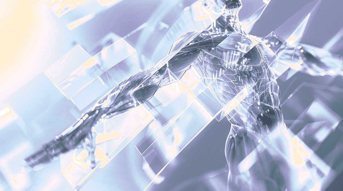 Translucent anatomical illustration of fascia tissue rendered in glass-like style