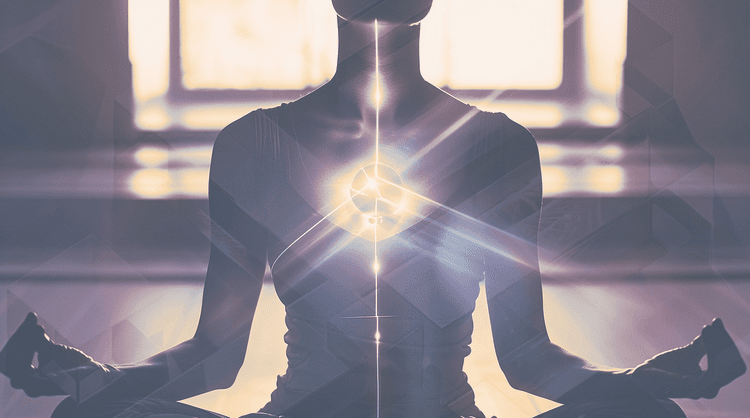 Portrait of a meditative figure merged with light and particle streams